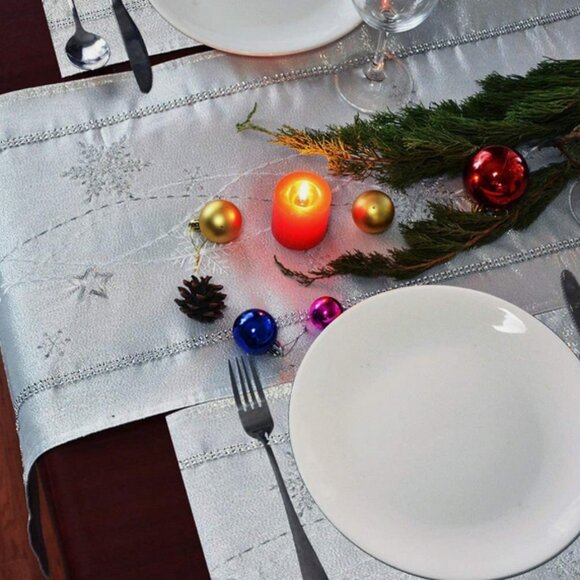 Simhomsen Silver Lined Embroidered  Jewels Snowflake Table Runner 120" x 14" - Picture 4 of 8